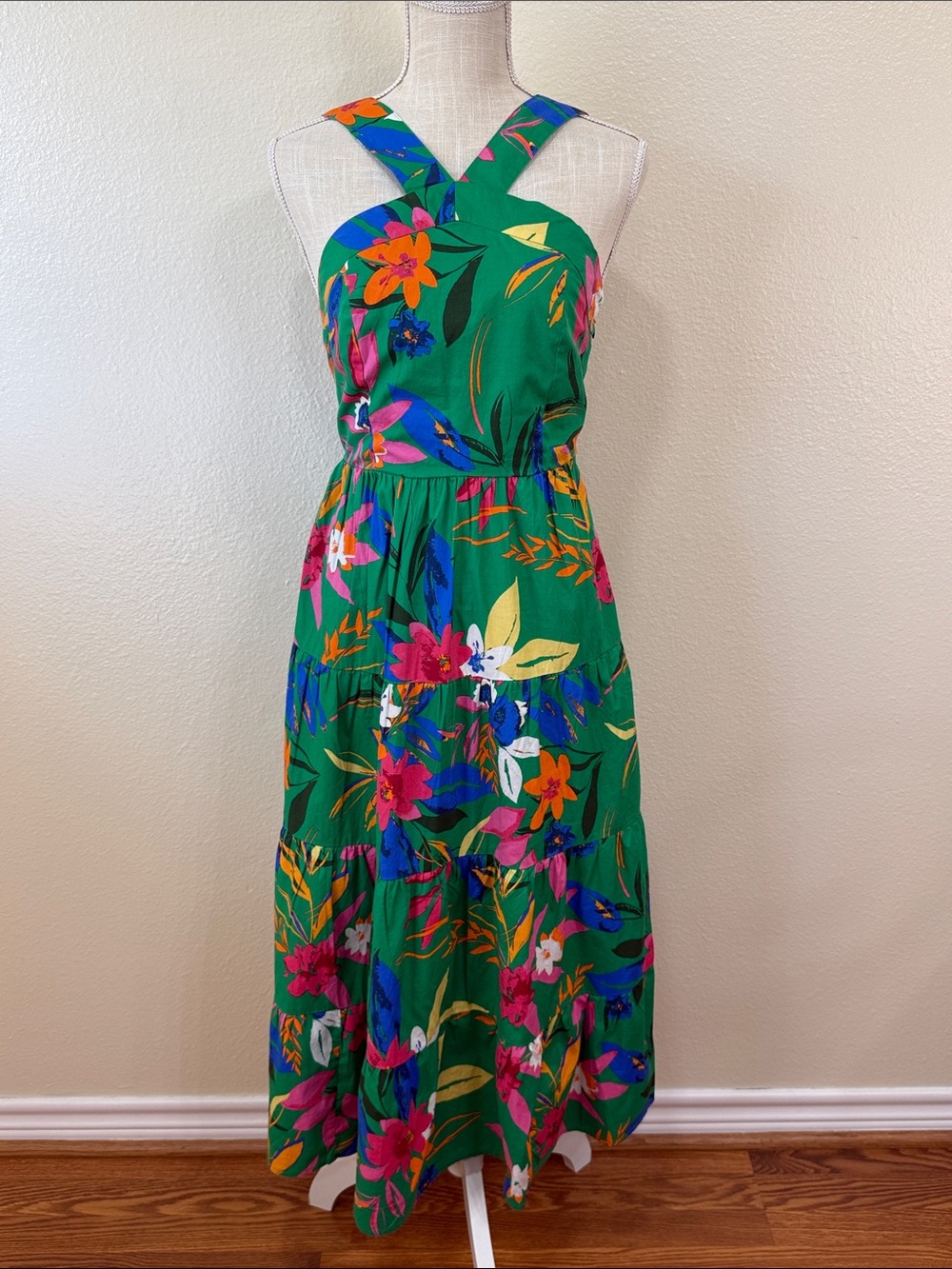 J.Crew Tropical Tiered Halter Midi Dress Green Floral Smocked Size 2